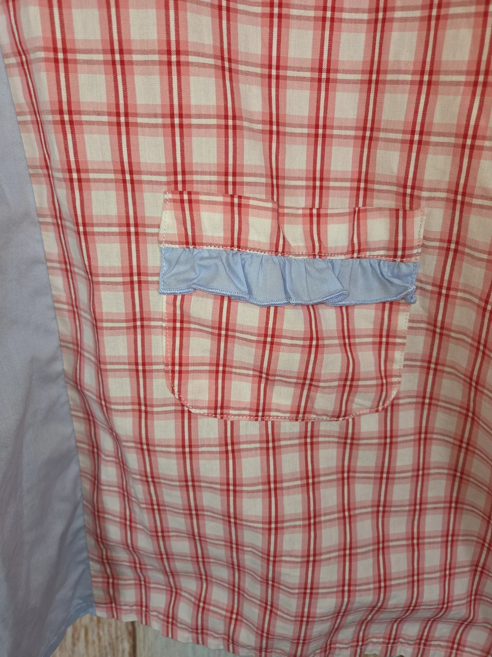 Sugar Dumplin Red, Pink, White Plaid Dress W/Light Blue Trim. 100% Cotton. Sz 8T